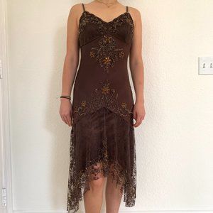 Cache brown silk dress with midi length size 6